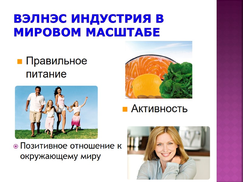 Вэлнэс индустрия в мировом масштабе Позитивное отношение к окружающему миру Правильное питание Активность